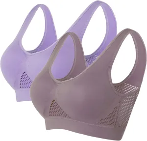 2 Pack Activewear Sports Bras for Women, Breathable Yoga Bra Seamless Mesh Hole Cropped Tank Bras for Running Workout