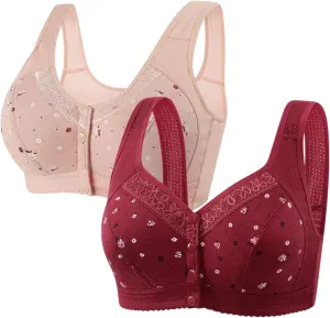 2 Pack Daisy Bras for Older Women 2025 Front Close Button Bras Comfortable Full Coverage No Underwire Bras