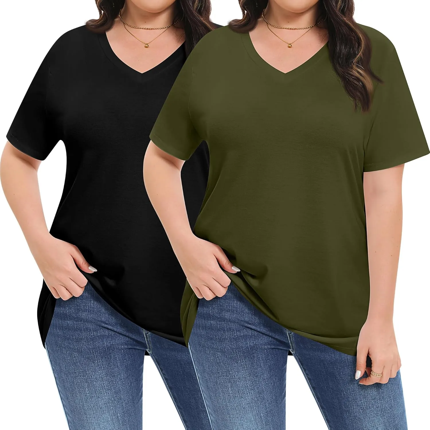 2 Pack Women's Plus Size T Shirts, V Neck Short Sleeve Tops, Loose Fit Casual Basic Tees, Ladies Oversized Shirts