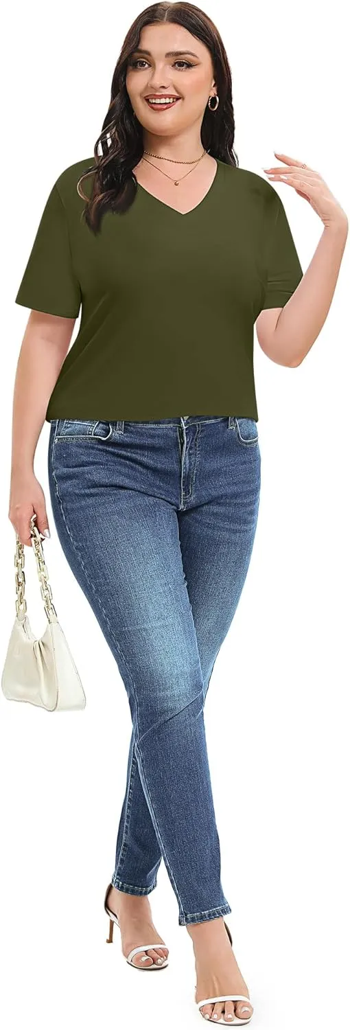2 Pack Women's Plus Size T Shirts, V Neck Short Sleeve Tops, Loose Fit Casual Basic Tees, Ladies Oversized Shirts