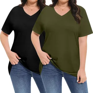2 Pack Women's Plus Size T Shirts, V Neck Short Sleeve Tops, Loose Fit Casual Basic Tees, Ladies Oversized Shirts