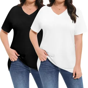 2 Pack Women's Plus Size T Shirts, V Neck Short Sleeve Tops, Loose Fit Casual Basic Tees, Ladies Oversized Shirts