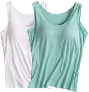 2 Pack Womens Tank Tops with Built in Bra Summer Casual Basic Modal Padded Yoga Shirts Loose Workout Camisoles Tees