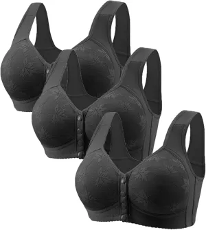 3 Pack Daisy Bras for Older Women Front Button Support and Lift Plus Size Bralettes Full Coverage Underwear