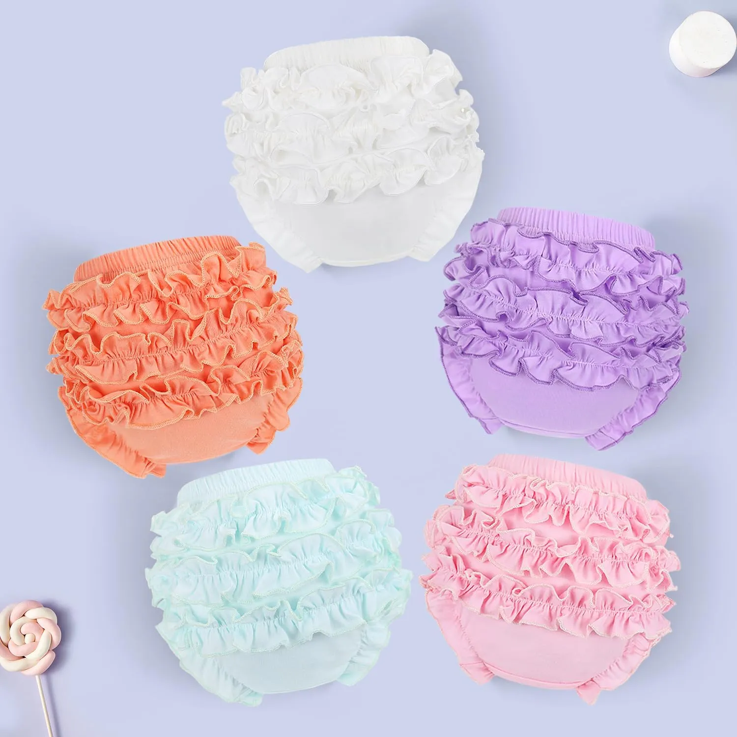 5 Pack Ruffle Diaper Cover - Baby Bloomers, Cute Cotton Baby Girl Shorts,Briefs- Panties for Toddler Girls