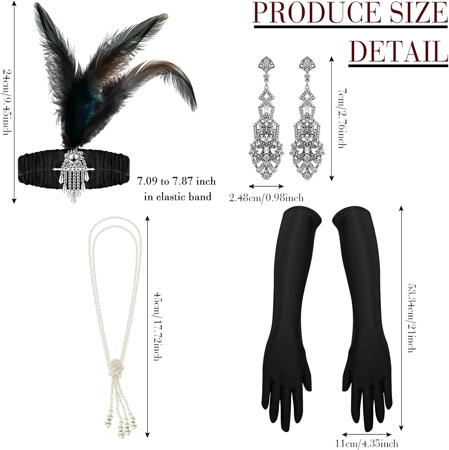 6 Pcs 1920s Flapper Costume Women Dress Roaring 20s Outfit Accessories Set Headwear Earring Necklace Gloves Stick