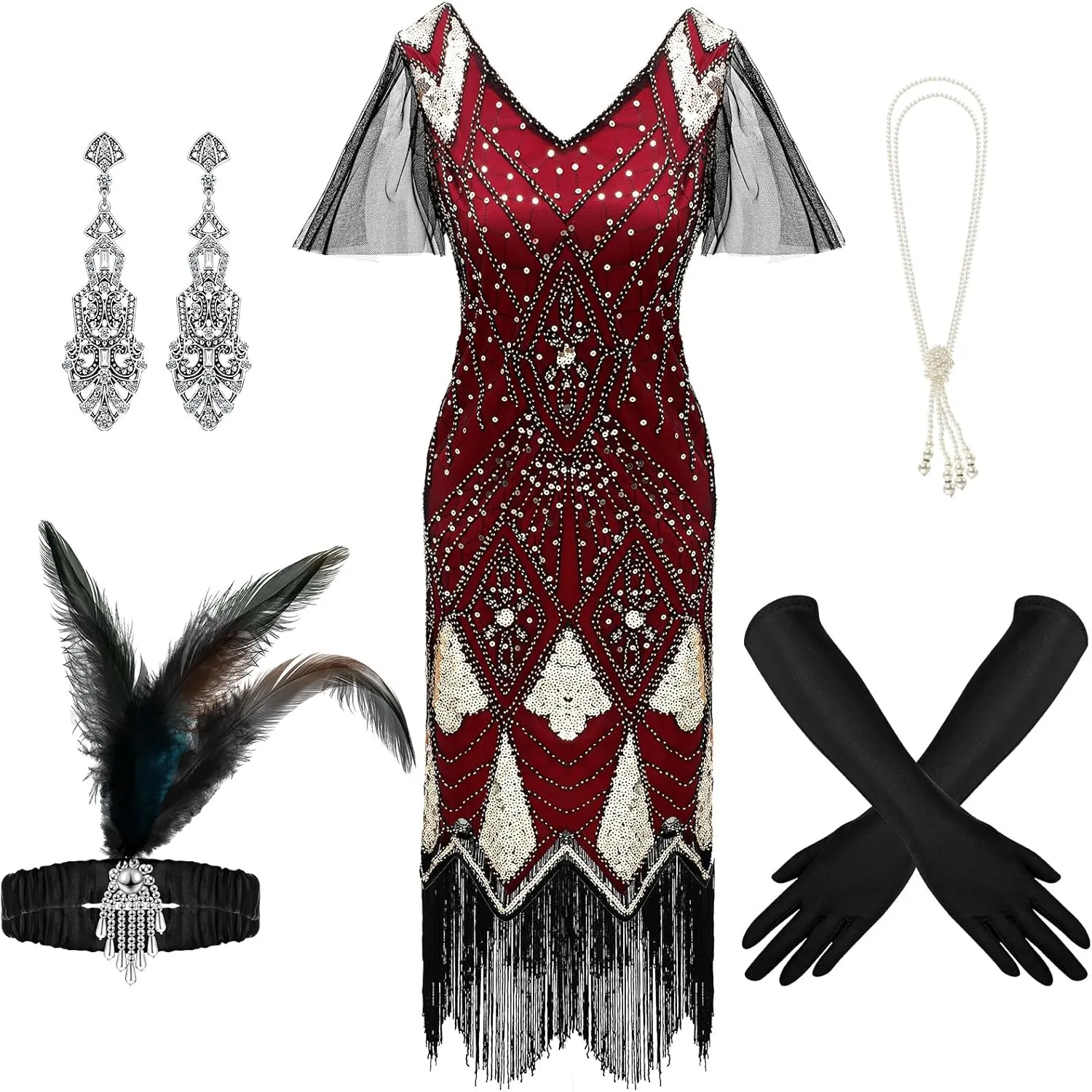 6 Pcs 1920s Flapper Costume Women Dress Roaring 20s Outfit Accessories Set Headwear Earring Necklace Gloves Stick