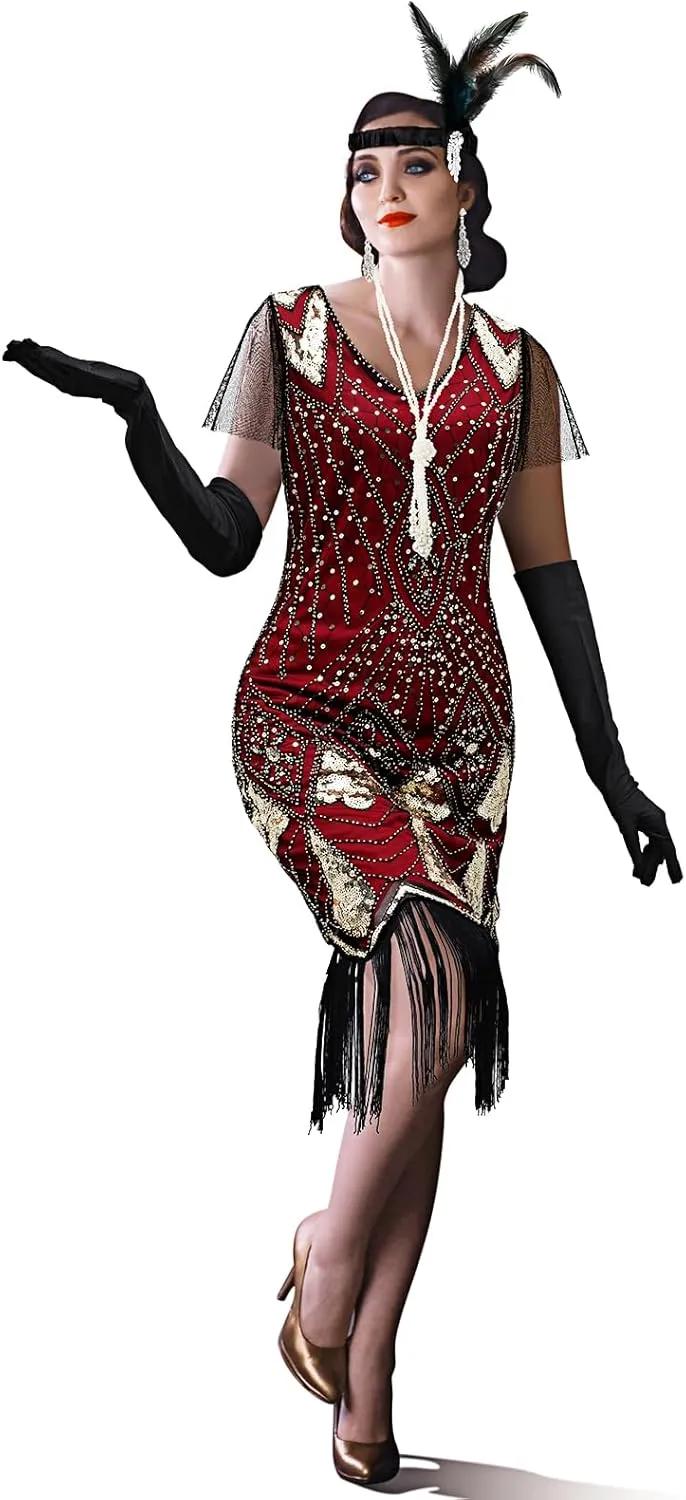 6 Pcs 1920s Flapper Costume Women Dress Roaring 20s Outfit Accessories Set Headwear Earring Necklace Gloves Stick