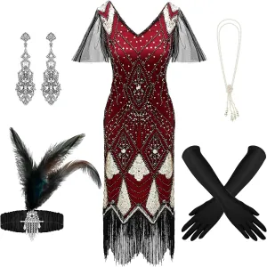 6 Pcs 1920s Flapper Costume Women Dress Roaring 20s Outfit Accessories Set Headwear Earring Necklace Gloves Stick