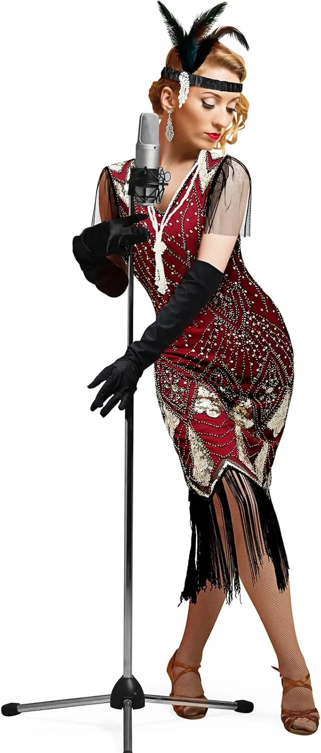 6 Pcs 1920s Flapper Costume Women Dress Roaring 20s Outfit Accessories Set Headwear Earring Necklace Gloves Stick