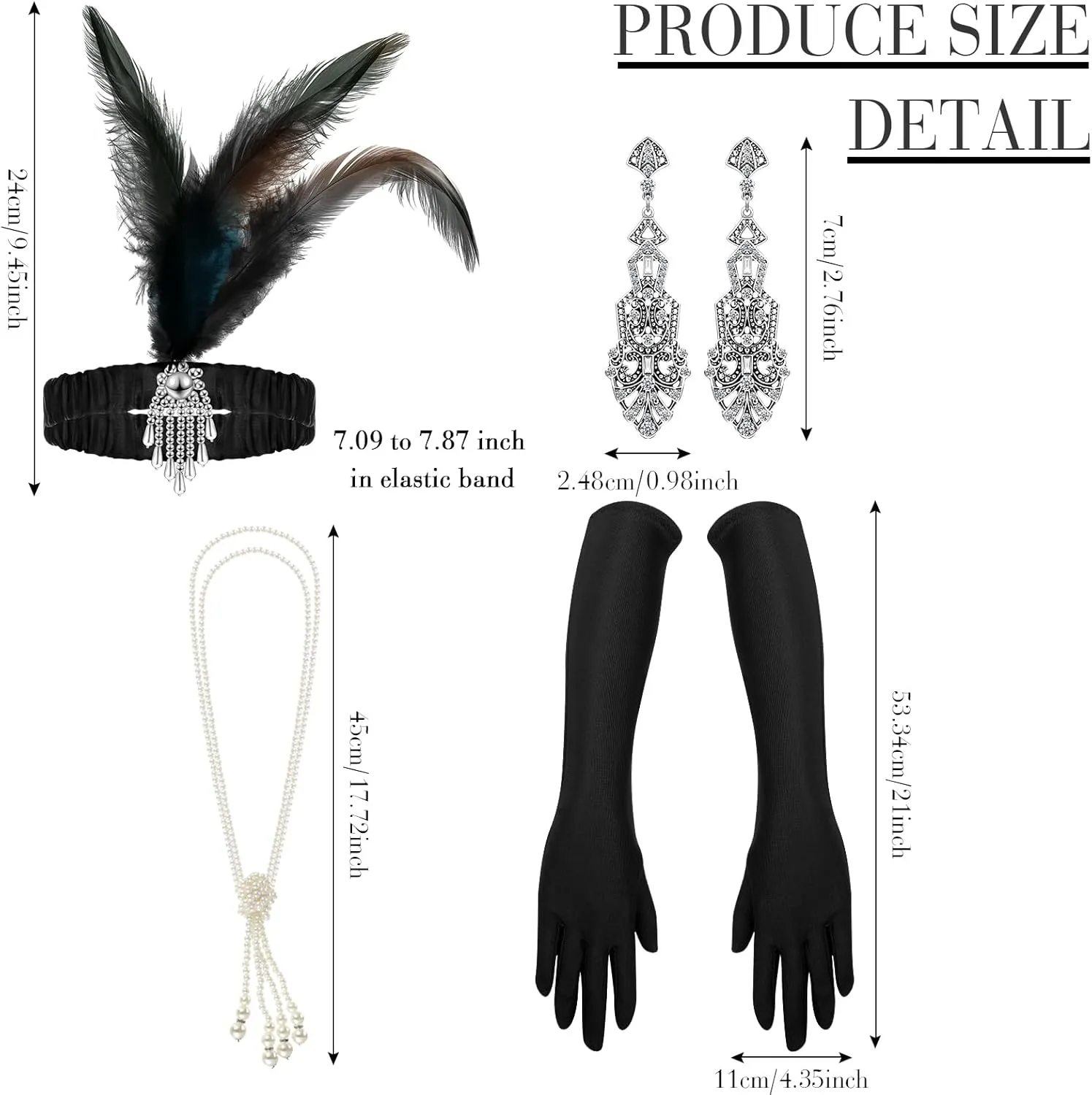 7 Pcs 1920s Women's Flapper Dress Sequin Dress Costume Headwear Earring Necklace Glove Stick Set and Long Feather Boa
