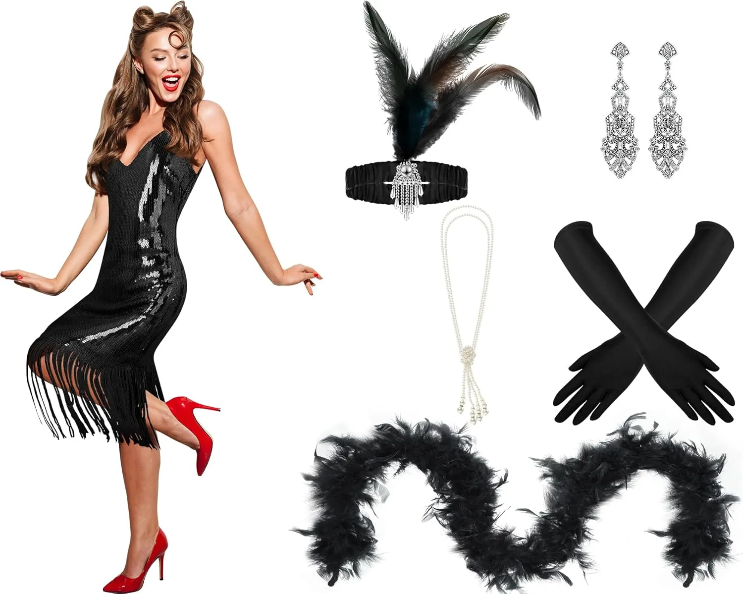 7 Pcs 1920s Women's Flapper Dress Sequin Dress Costume Headwear Earring Necklace Glove Stick Set and Long Feather Boa