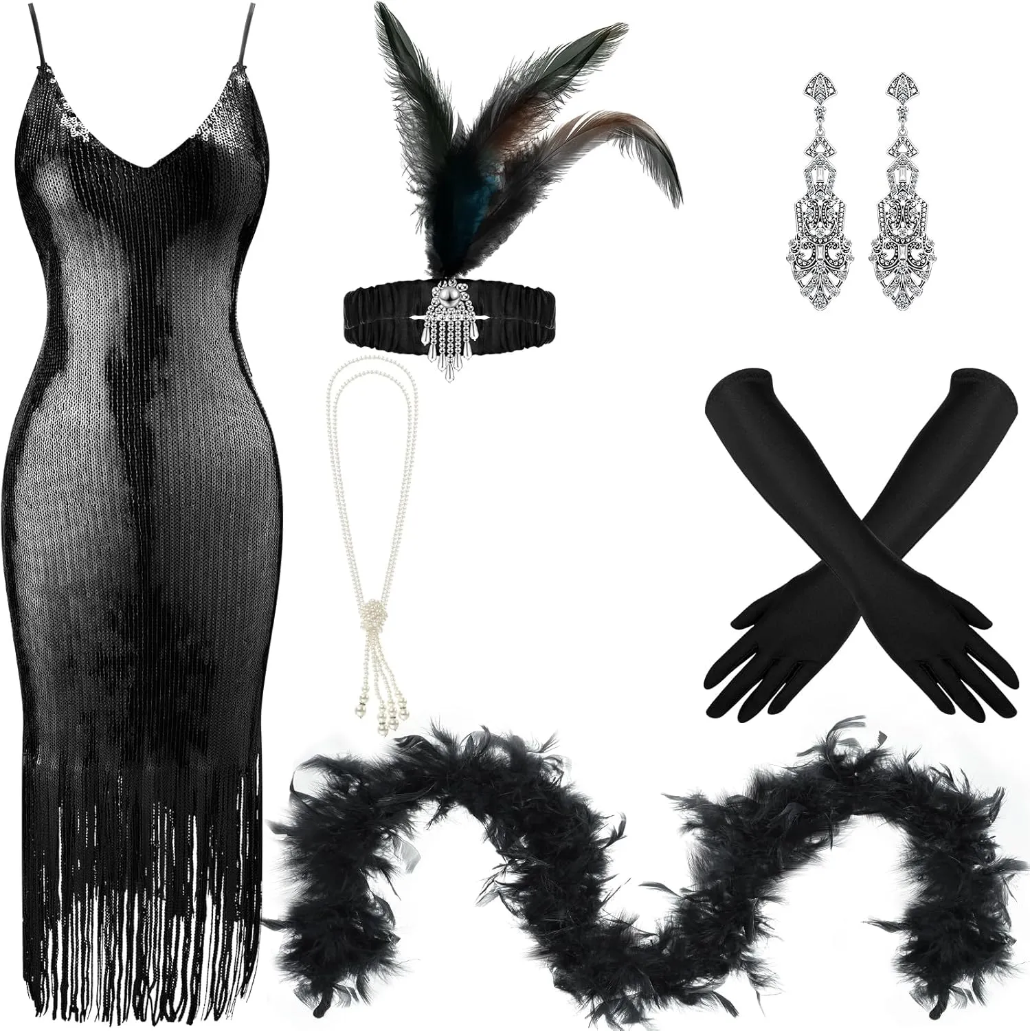 7 Pcs 1920s Women's Flapper Dress Sequin Dress Costume Headwear Earring Necklace Glove Stick Set and Long Feather Boa