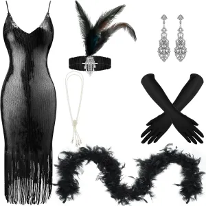 7 Pcs 1920s Women's Flapper Dress Sequin Dress Costume Headwear Earring Necklace Glove Stick Set and Long Feather Boa