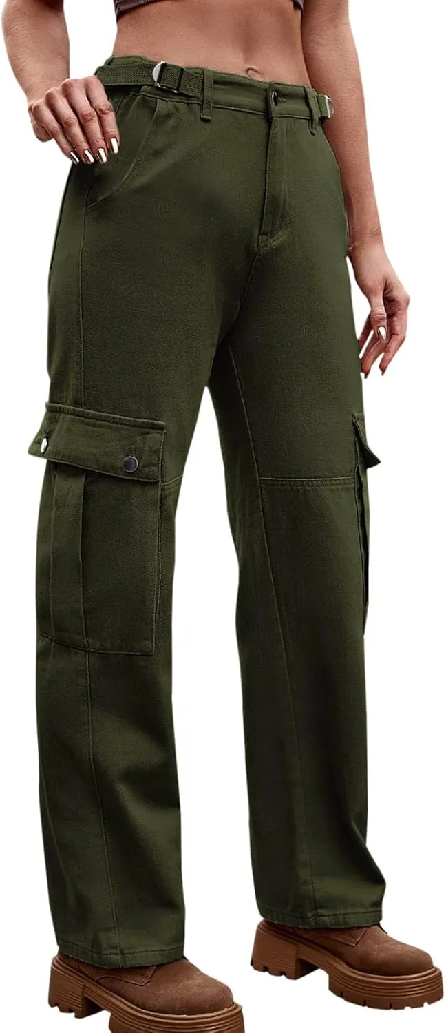 Adjustable Straight Fit Cargo High Waist Baggy Hiking Pant with Multi Pockets Women Wide Leg Parachute Trousers