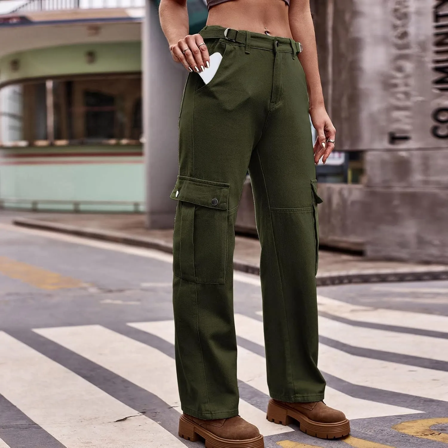 Adjustable Straight Fit Cargo High Waist Baggy Hiking Pant with Multi Pockets Women Wide Leg Parachute Trousers