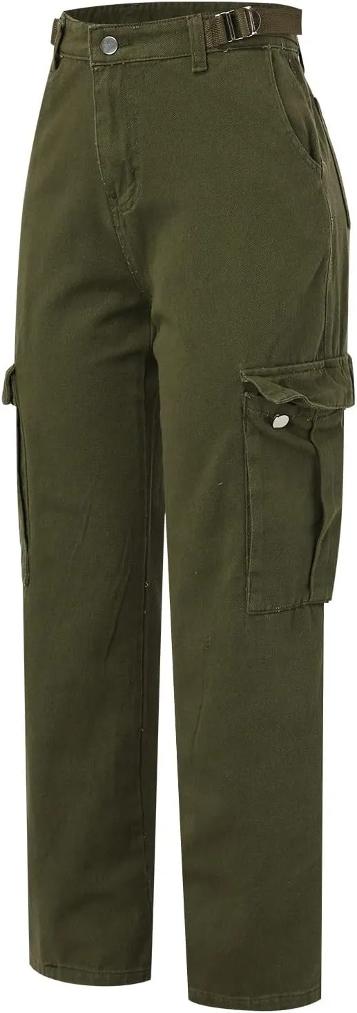 Adjustable Straight Fit Cargo High Waist Baggy Hiking Pant with Multi Pockets Women Wide Leg Parachute Trousers