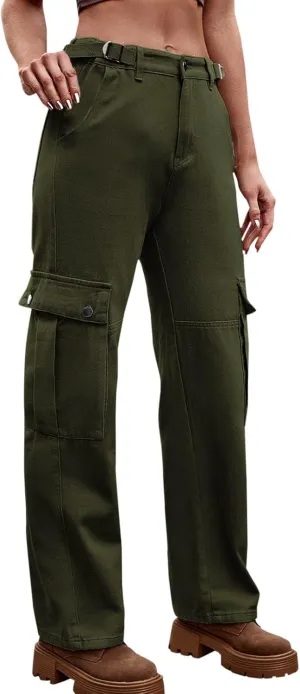 Adjustable Straight Fit Cargo High Waist Baggy Hiking Pant with Multi Pockets Women Wide Leg Parachute Trousers