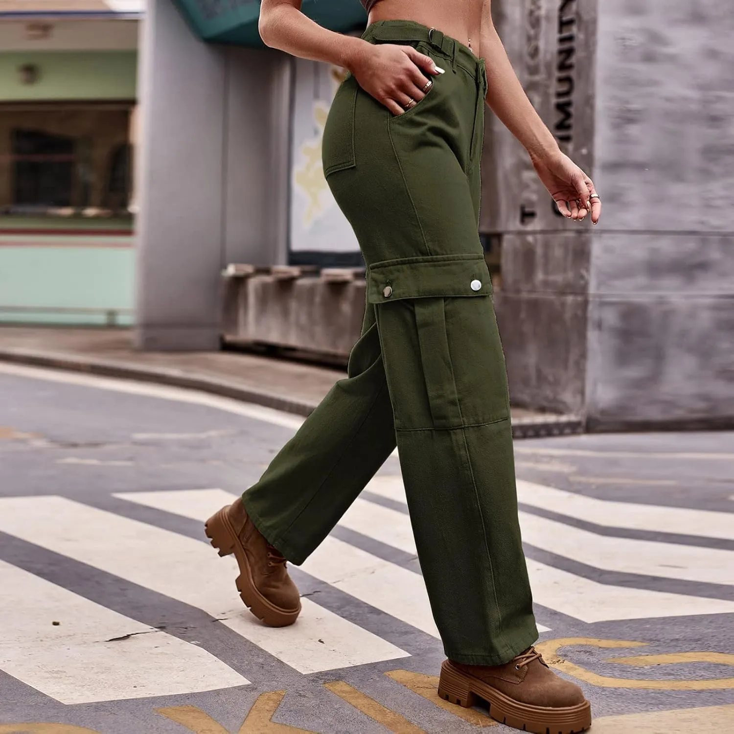 Adjustable Straight Fit Cargo High Waist Baggy Hiking Pant with Multi Pockets Women Wide Leg Parachute Trousers