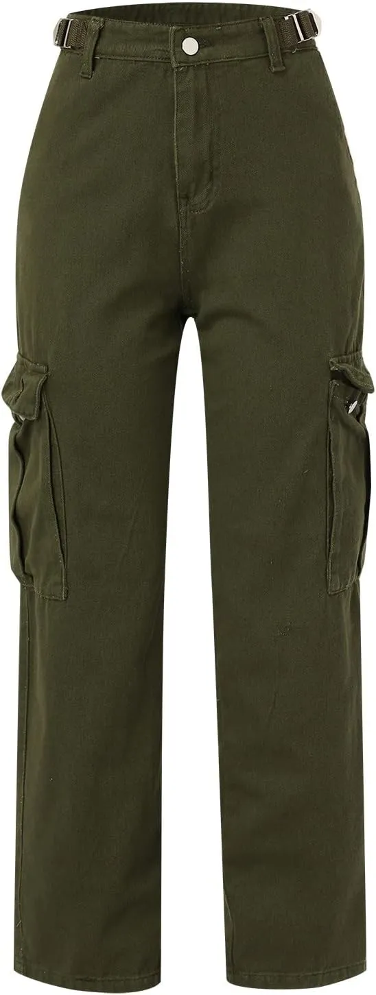 Adjustable Straight Fit Cargo High Waist Baggy Hiking Pant with Multi Pockets Women Wide Leg Parachute Trousers