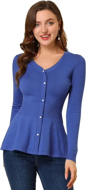 Allegra K Women's Peplum Sweater Ribbed V Neck Long Sleeve Knit Peplum Tops