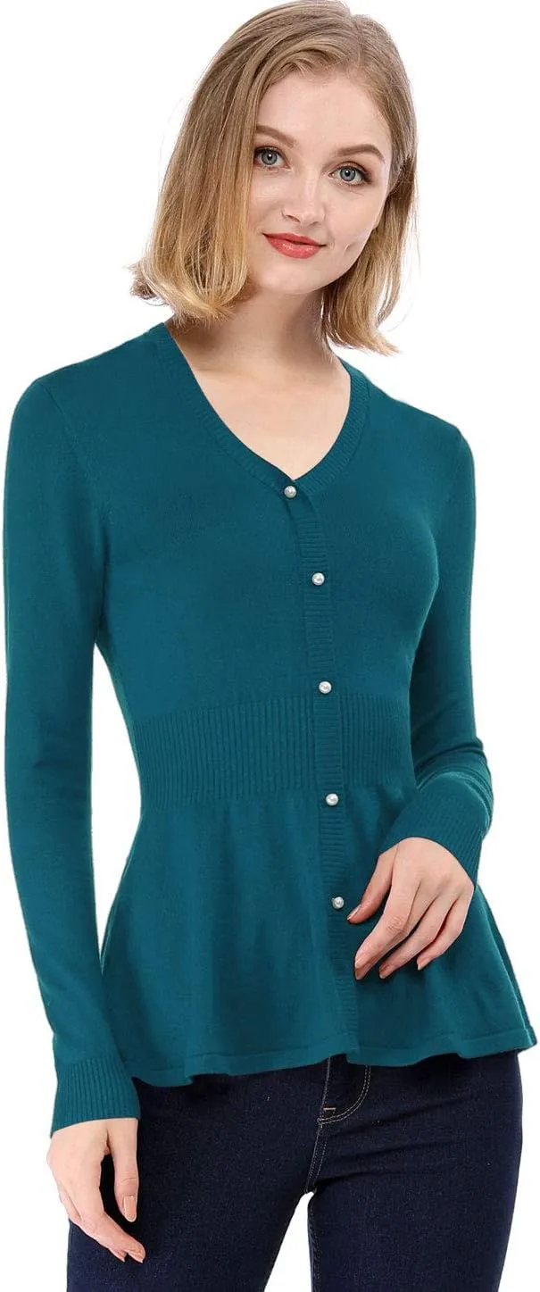 Allegra K Women's Peplum Sweater Ribbed V Neck Long Sleeve Knit Peplum Tops
