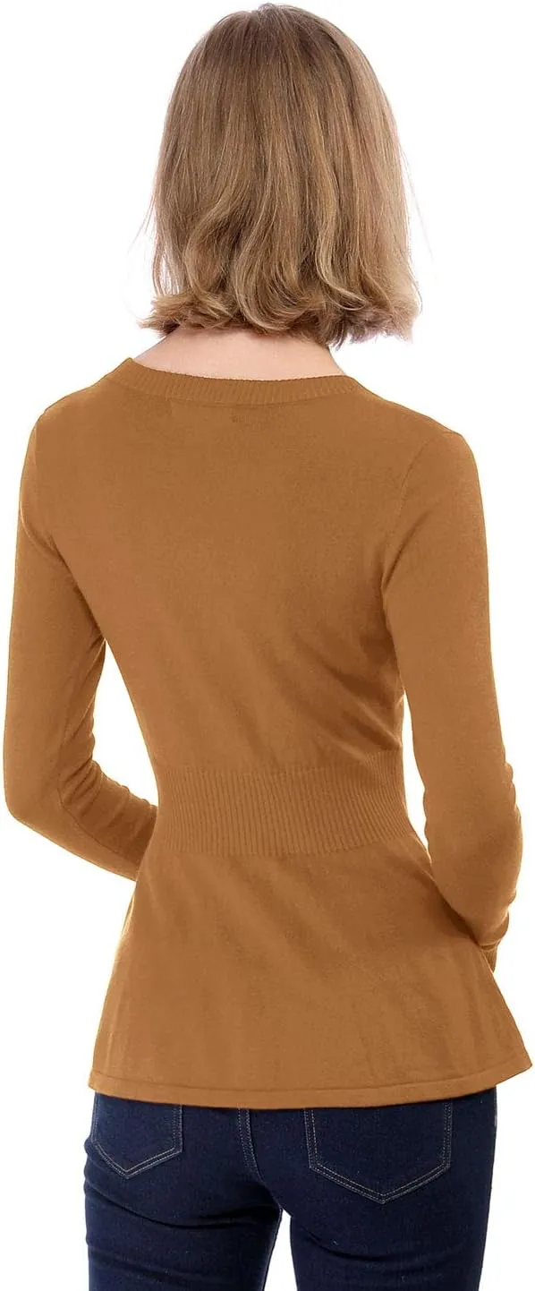 Allegra K Women's Peplum Sweater Ribbed V Neck Long Sleeve Knit Peplum Tops