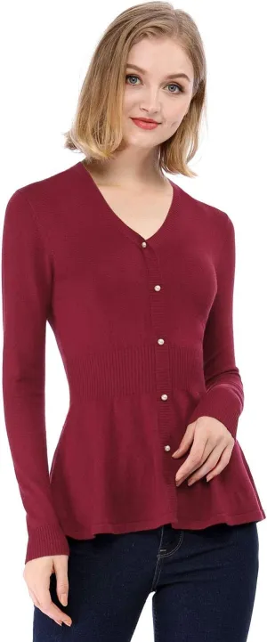 Allegra K Women's Peplum Sweater Ribbed V Neck Long Sleeve Knit Peplum Tops