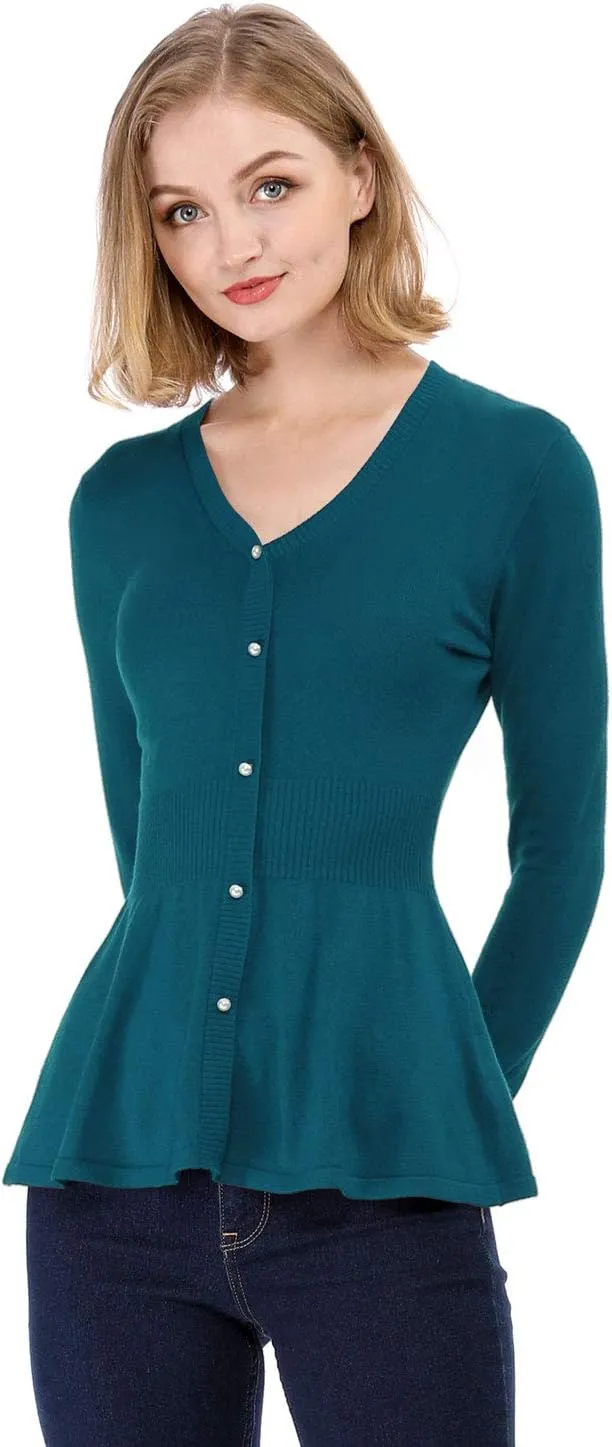 Allegra K Women's Peplum Sweater Ribbed V Neck Long Sleeve Knit Peplum Tops