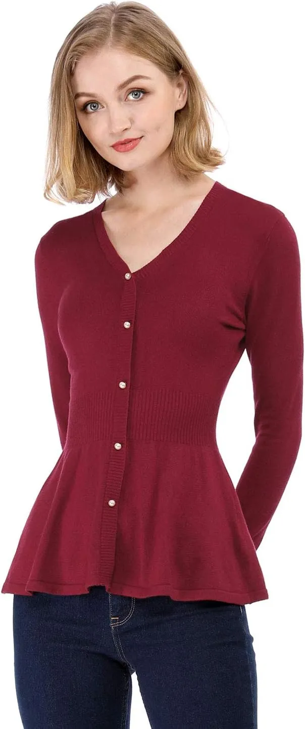 Allegra K Women's Peplum Sweater Ribbed V Neck Long Sleeve Knit Peplum Tops