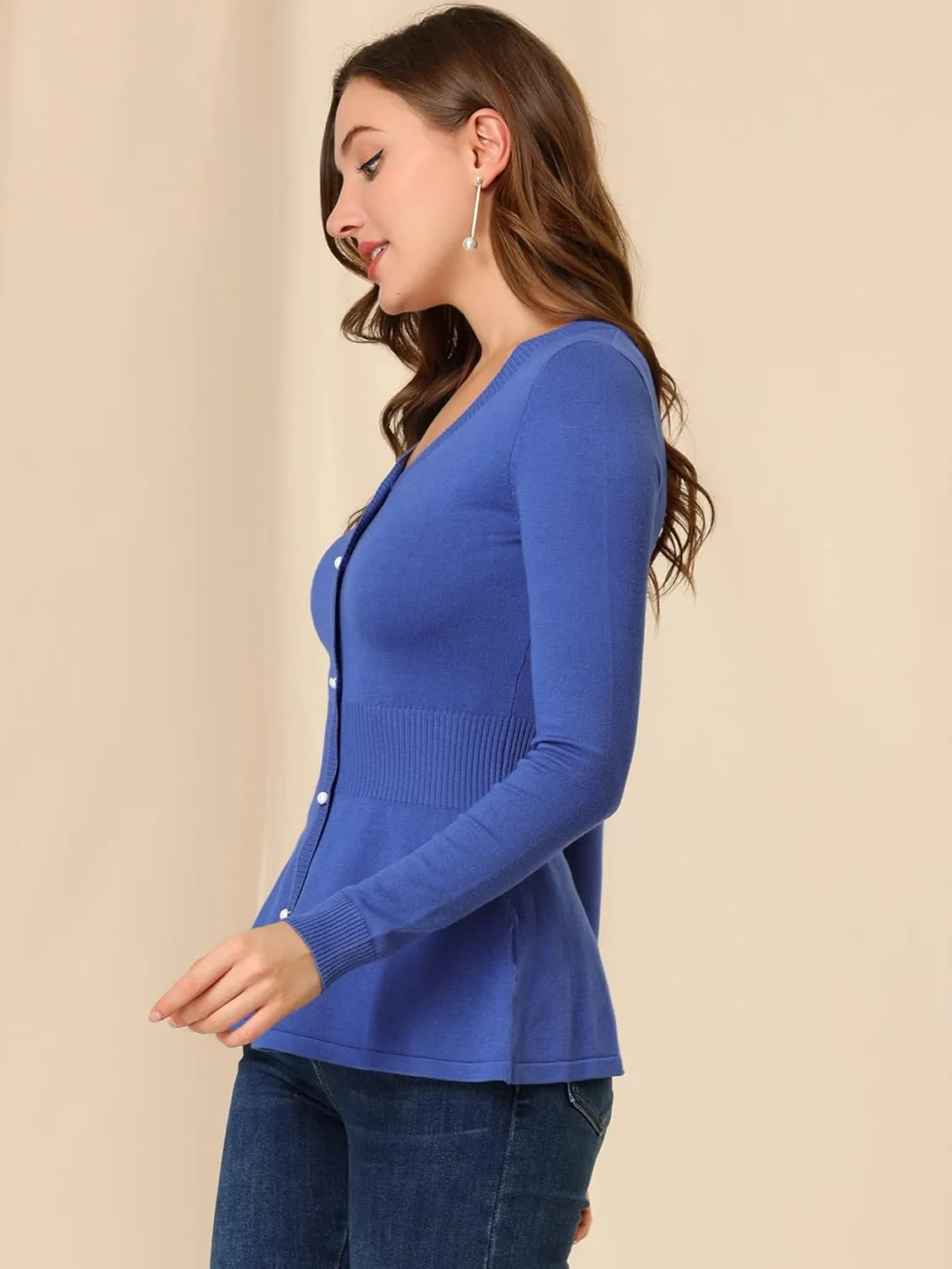 Allegra K Women's Peplum Sweater Ribbed V Neck Long Sleeve Knit Peplum Tops
