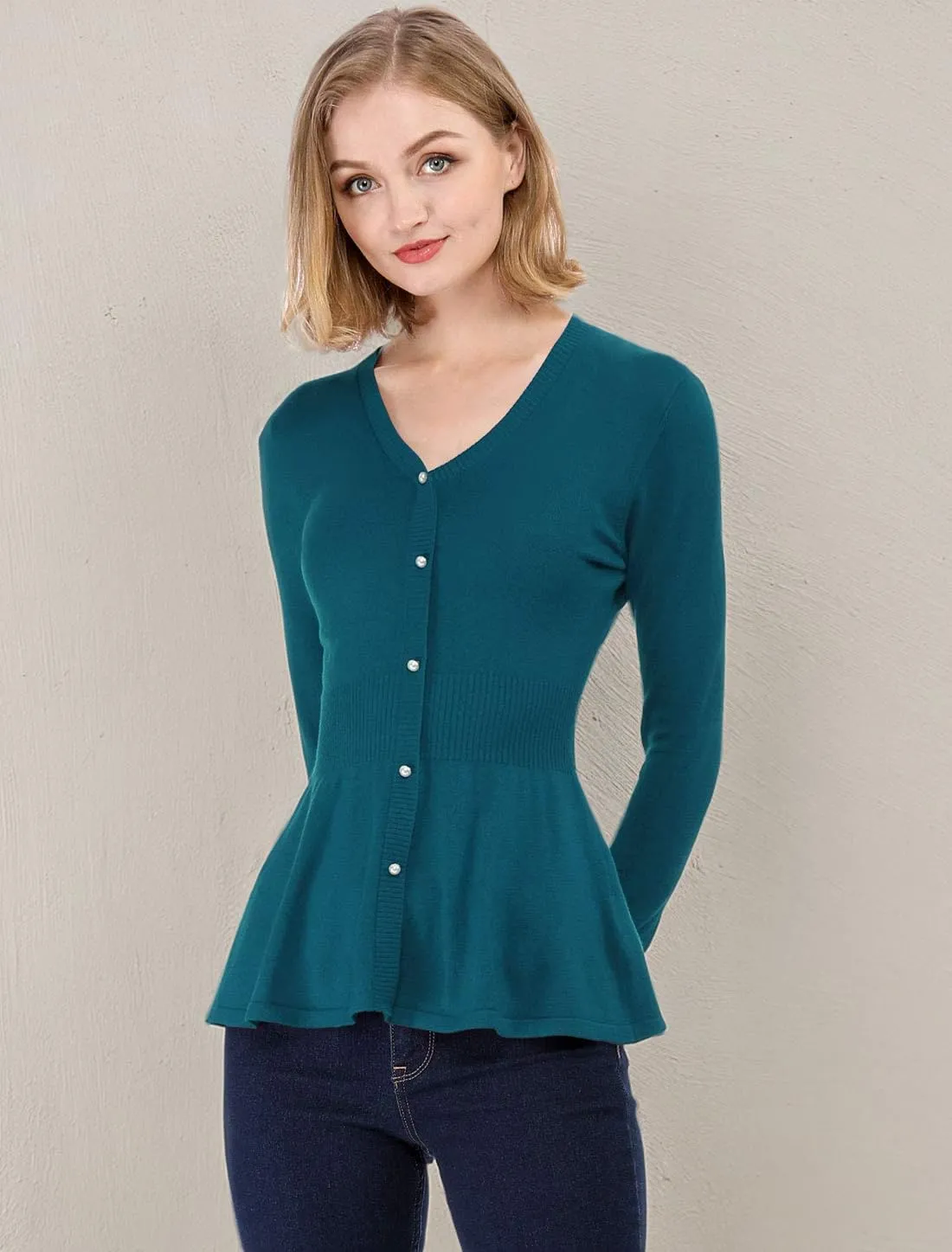 Allegra K Women's Peplum Sweater Ribbed V Neck Long Sleeve Knit Peplum Tops