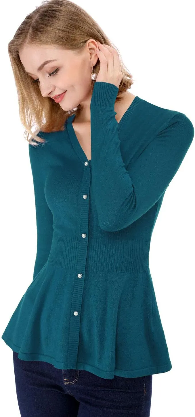 Allegra K Women's Peplum Sweater Ribbed V Neck Long Sleeve Knit Peplum Tops