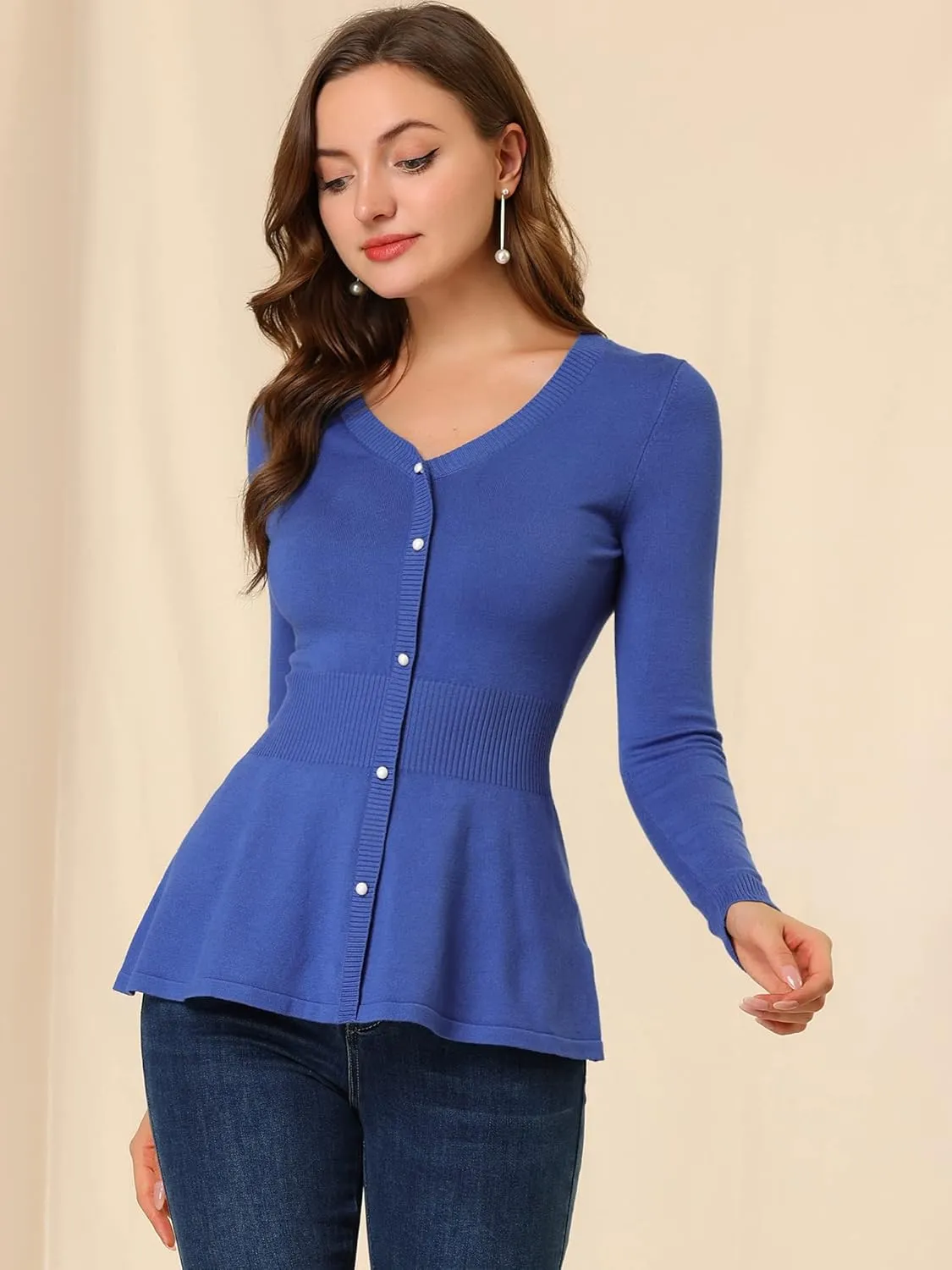 Allegra K Women's Peplum Sweater Ribbed V Neck Long Sleeve Knit Peplum Tops