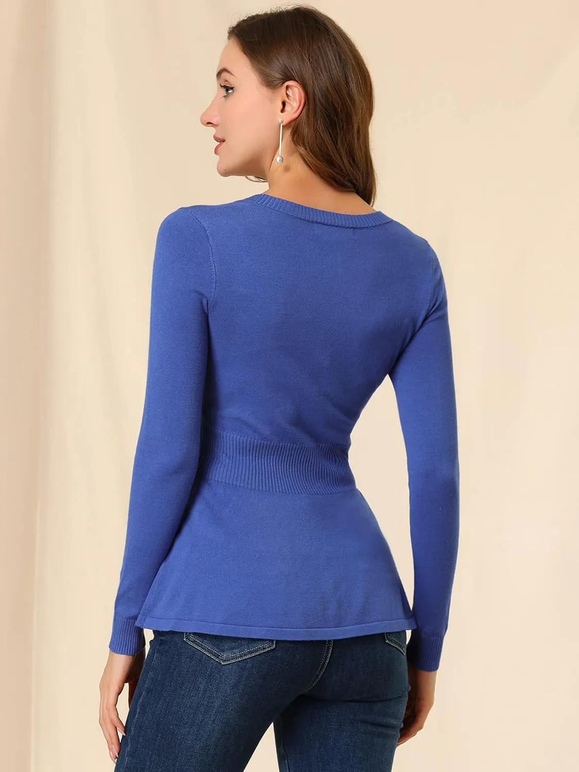 Allegra K Women's Peplum Sweater Ribbed V Neck Long Sleeve Knit Peplum Tops