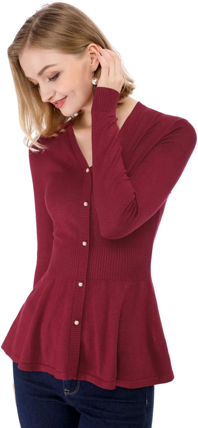 Allegra K Women's Peplum Sweater Ribbed V Neck Long Sleeve Knit Peplum Tops