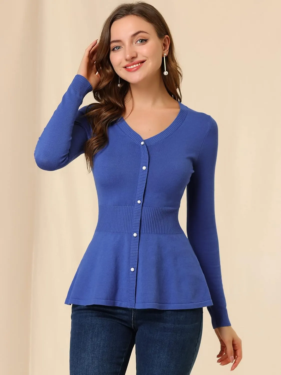 Allegra K Women's Peplum Sweater Ribbed V Neck Long Sleeve Knit Peplum Tops