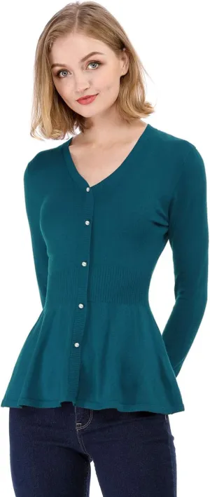 Allegra K Women's Peplum Sweater Ribbed V Neck Long Sleeve Knit Peplum Tops