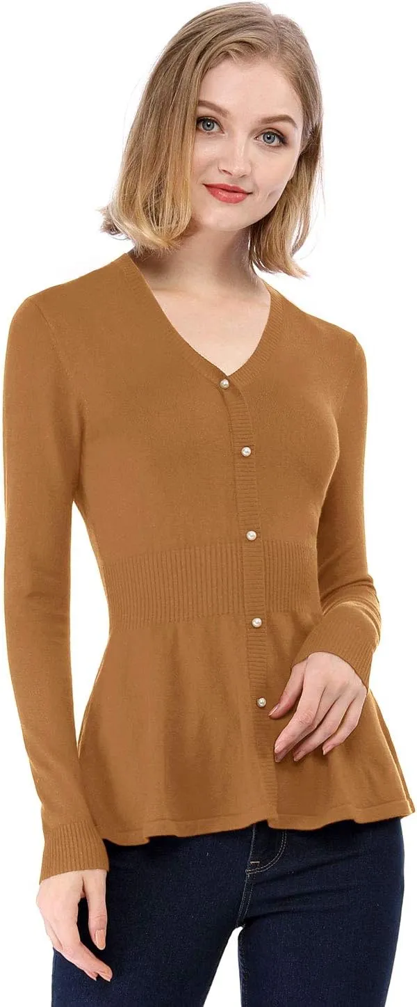 Allegra K Women's Peplum Sweater Ribbed V Neck Long Sleeve Knit Peplum Tops
