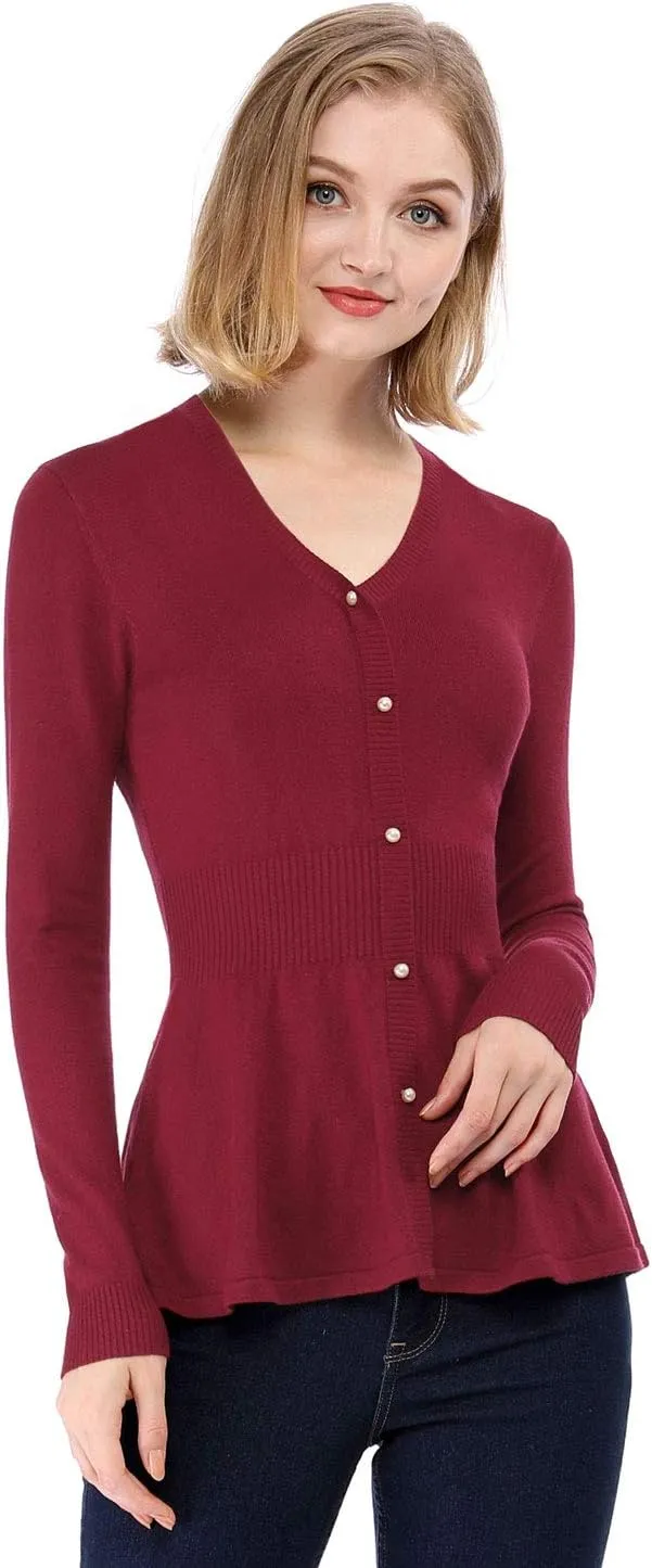Allegra K Women's Peplum Sweater Ribbed V Neck Long Sleeve Knit Peplum Tops
