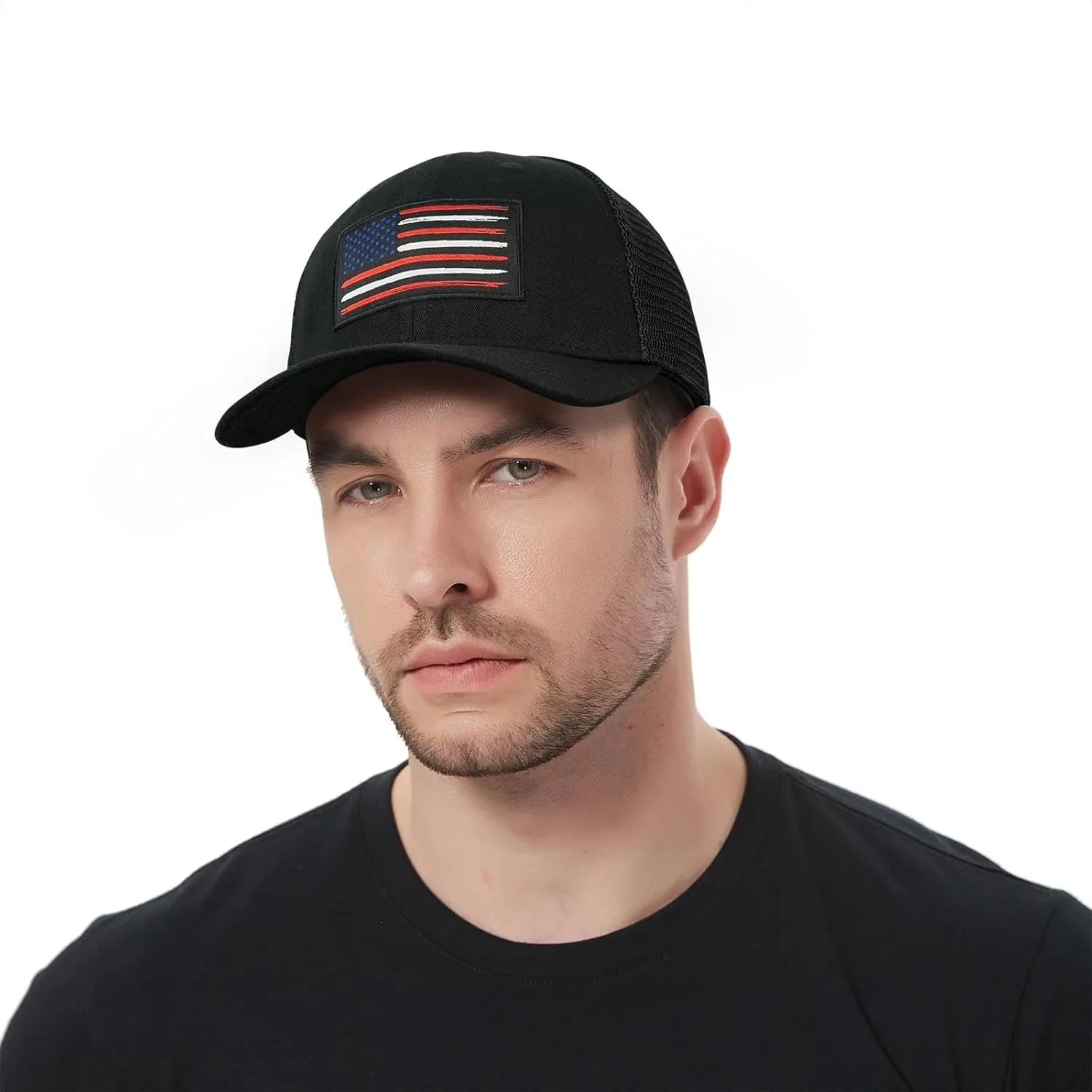 American Flag Hat, Baseball Cap for Men Women, Adjustable Snapback Hats USA Flag Trucker Hat Black