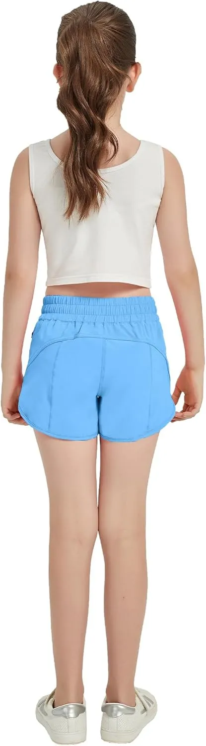 Aurefin Girls Athletic Shorts, Quick Dry Running Shorts for Kids Teen Girls Active Sports Track Shorts with Zip Pocket Liner