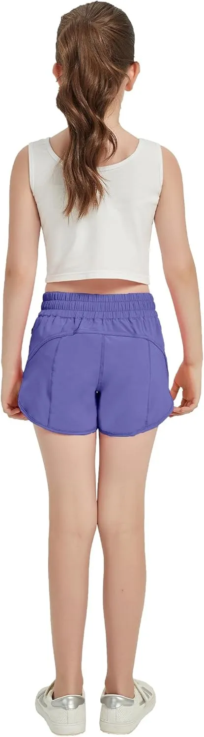 Aurefin Girls Athletic Shorts, Quick Dry Running Shorts for Kids Teen Girls Active Sports Track Shorts with Zip Pocket Liner