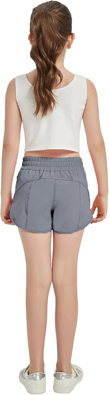 Aurefin Girls Athletic Shorts, Quick Dry Running Shorts for Kids Teen Girls Active Sports Track Shorts with Zip Pocket Liner