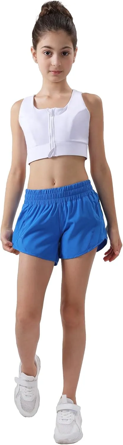 Aurefin Girls Athletic Shorts, Quick Dry Running Shorts for Kids Teen Girls Active Sports Track Shorts with Zip Pocket Liner