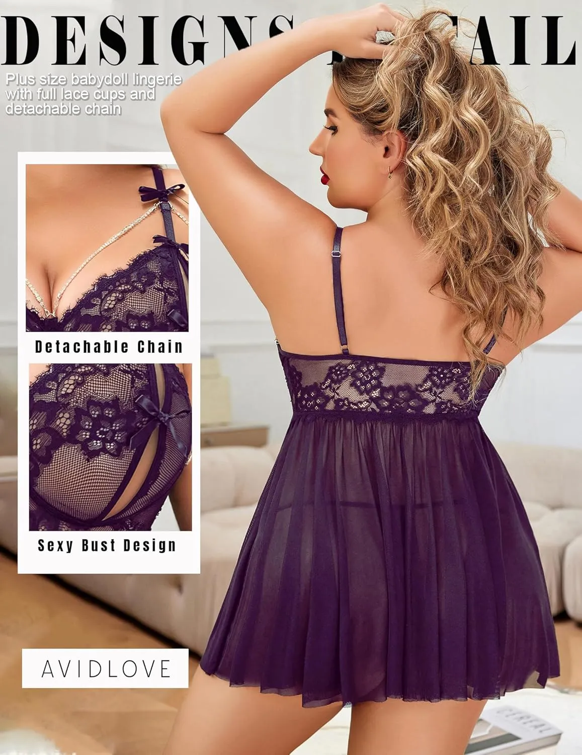 Avidlove Plus Size Lingerie Womens Lace Babydoll Sexy Chemise Sleepwear V Neck Nightgown Mesh Sleepwear Nighty L-5XL