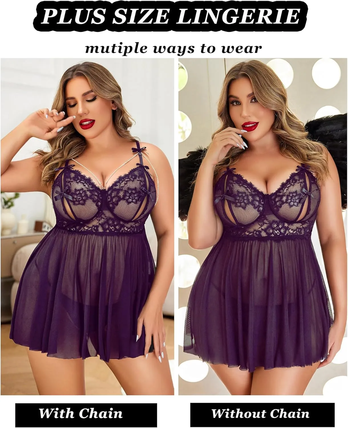 Avidlove Plus Size Lingerie Womens Lace Babydoll Sexy Chemise Sleepwear V Neck Nightgown Mesh Sleepwear Nighty L-5XL