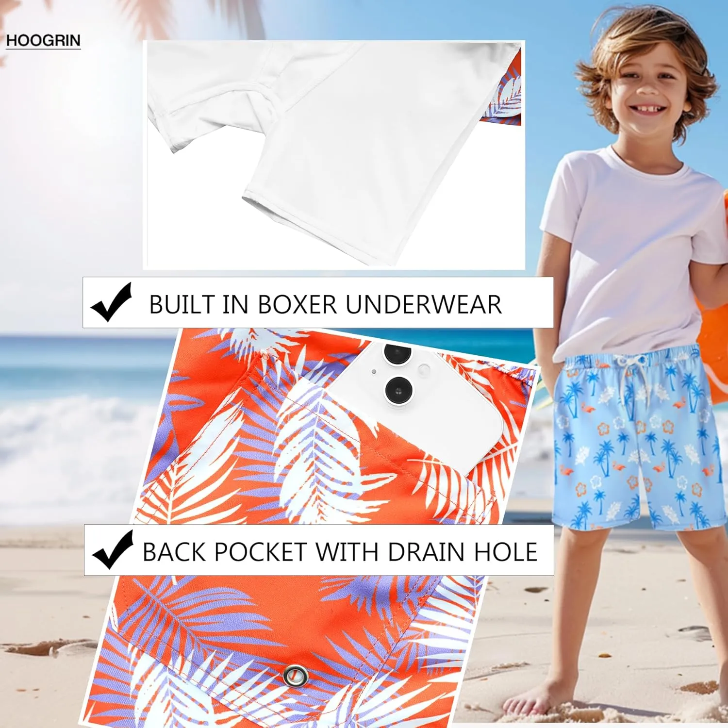 Boys Quick Dry Swim Trunks with Compression Liner 2 in 1 Beach Stretch Swim Shorts