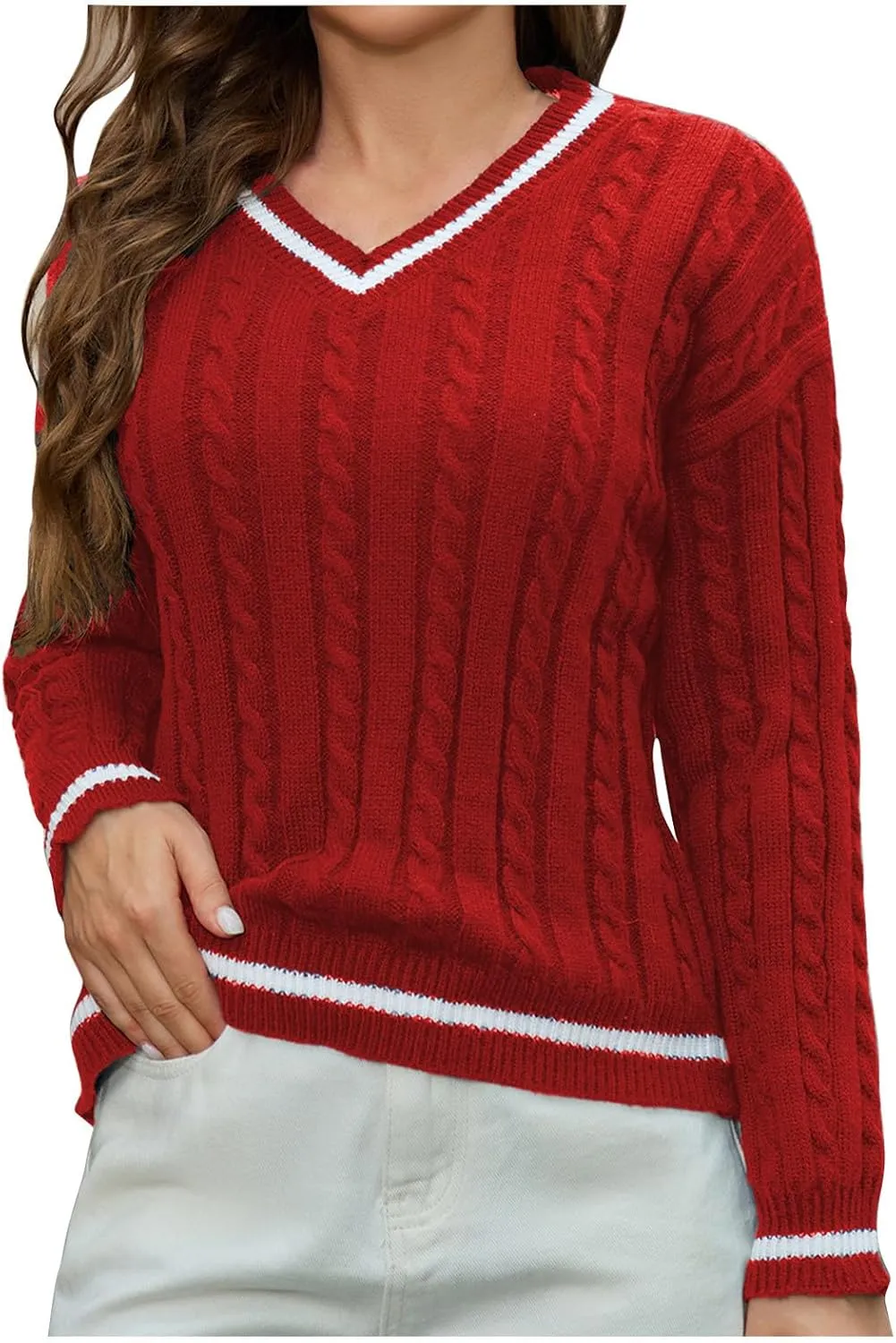 Cable Knit Sweater Women Casual Baggy Lightweight Vintage Pullover Sweater Vneck Fall Fashion Loose Preppy Jumper Top