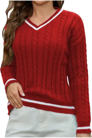 Cable Knit Sweater Women Casual Baggy Lightweight Vintage Pullover Sweater Vneck Fall Fashion Loose Preppy Jumper Top